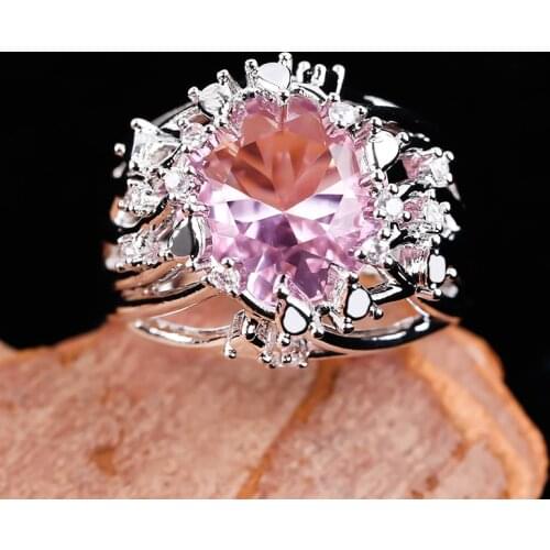 Fashion Pink Crystal Zircon Stone Ring Female Girl Silver Color Wedding Promise Engagement Rings for Women Luxury Jewelry Gift