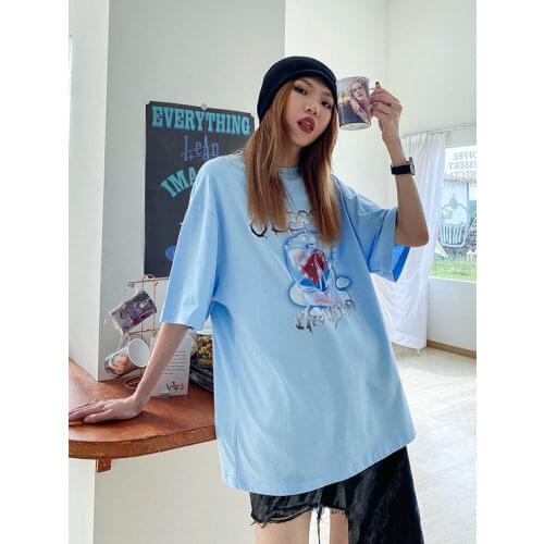 Niche design retro dark love letter printing short sleeve mens and womens fashion brand loose versatile T-shirt half slee tees