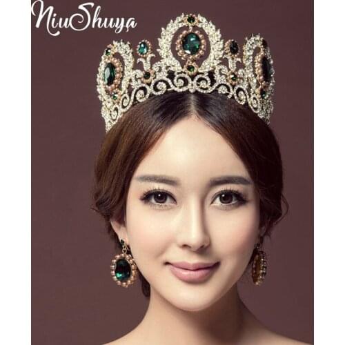 NiuShuya Baroque Fashion Green Red Blue White Crystal QueenTiara Crown Headband Bridal Diadem Crown for Women Wedding Hair Jewel