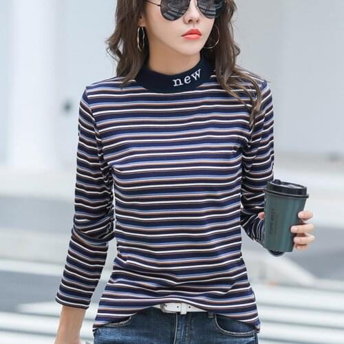 New Letter Embroidery 2020 Autumn Tops Long Sleeve Striped T Shirt Women T-Shirt Half Turtleneck Fall Clothes Tee Shirt Female