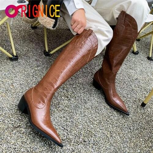 Orignice Fashion Pointed Toe Knee High Boots Comfy Thick High Heel Women Autumn Stone Pattern Genuine Leather Zipper Party Shoes