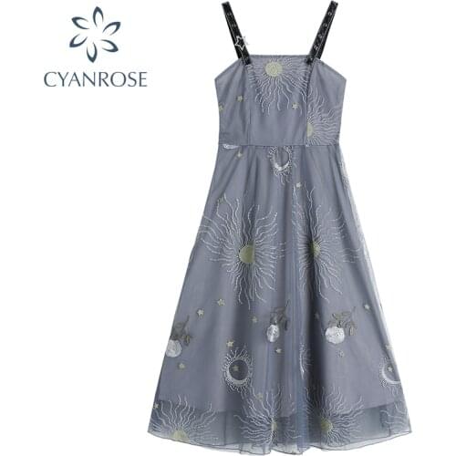 Haze Blue Star Moon Embroidery Dress French Retro Spaghetti Strap Long Dresses Women New Summer Mesh Yarn Backless Thin Vestiods