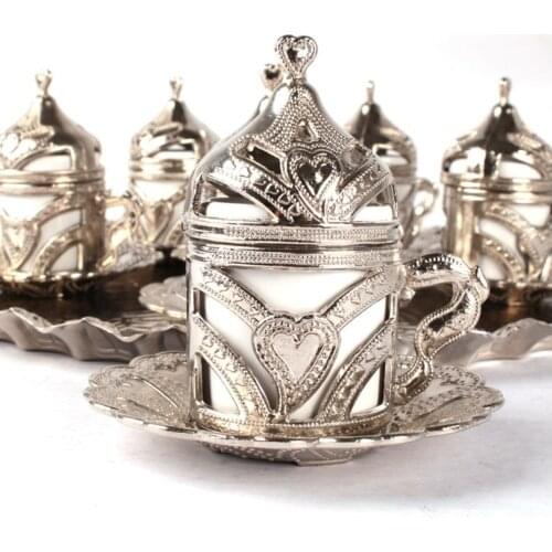 Turkish Coffee Silver Set of 6 Tray And Sugar Bowl Mug Set in Espresso Maker With Anatolian Ottoman Design Made in turkey Kitchen