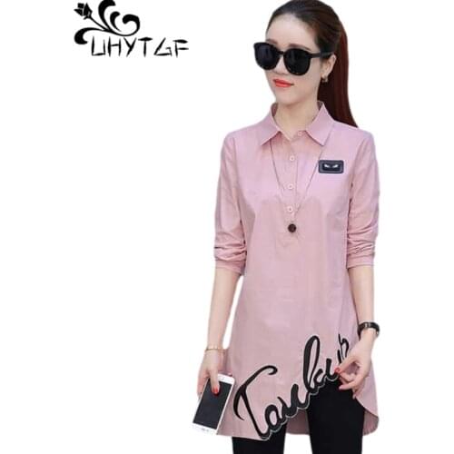 UHYTGF Women Shirt Fashion Embroidery Mid-Length Spring Autumn Blouses Long-Sleeved Pullover Slim 3XL Plus Size Tops Female 1510
