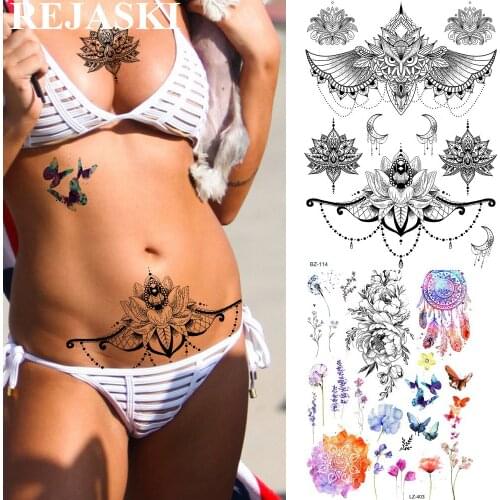 REJASKI Owl Buddha Bracelet Chains Temporary Tattoos For Women Sticker Lotus Black Tatoos Body Art Arm Custom Tattoo