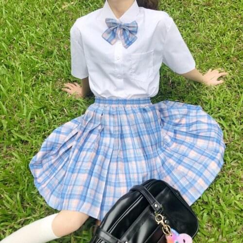Japanese JK Uniforms Lapel Mens Short-Sleeved Students White Shirt Vintage High-Waisted Skirt Suit Female Summer school skirt