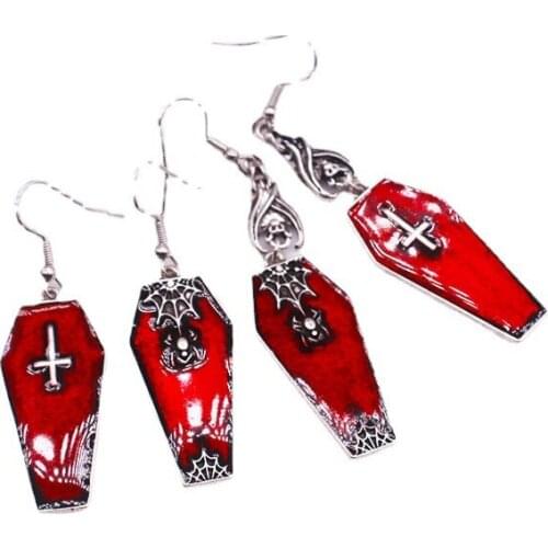 Goth Asymmetry coffin cross Earrings Halloween Punk Bat spider Oil Drip red Tassel Earrings for Women Fashion Jewelry 2021 New