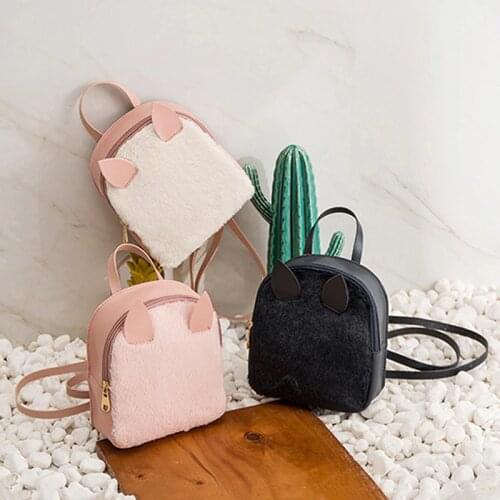 Women Plush Fox Backpacks 3D Rabbit Ear Cute Women Backpacks Small PU Leather Zipper Girls Shoulder Backpack mochila feminina