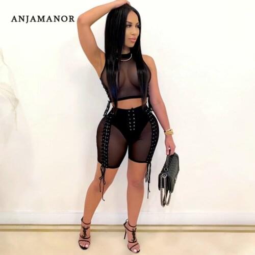 ANJAMANOR Sexy 2 Piece Set Black Sheer Mesh Crop Top Lace Up Biker Shorts Bandage Romper Jumpsuit Club Outfits D42-CH23