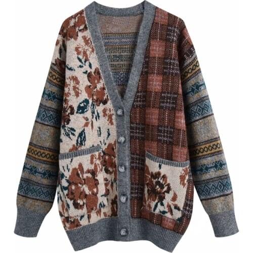 Vintage Chic Floral Plaid Patchwork Cardigans Women Fashion Pockets Buttons V-Neck Sweaters Female Casual Jumpers