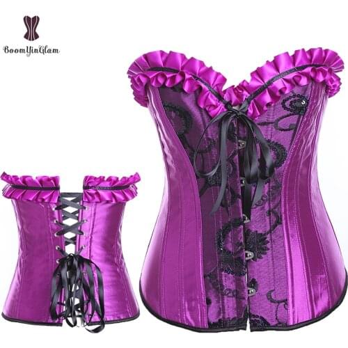Plus Size Women Underwear Party Costumes Sexy Sequin Bustier Purple Bodices Lace Up Boned Overbust Corselet Body Shapewear Top