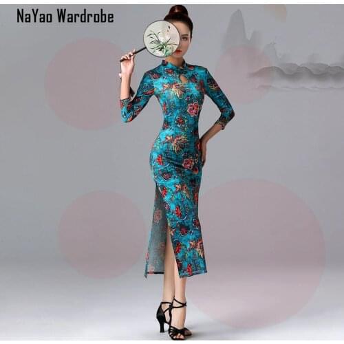 2020 New SS069 Half Sleeve Floral Latin Dance Dress Women Performance Costume Waltz Tango Fox Trot Latino Dancewear