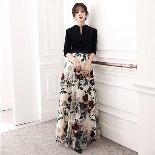 High Neck Evening Dress Elegant Half Sleeves Flowers Embroidery A-Line Zipper Back Floor-Length Woman Formal Party Gowns A813