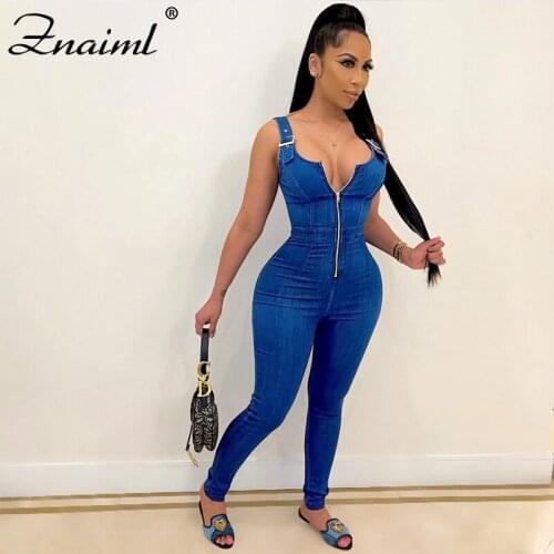 Znaiml Trends Womens Imitation Denim Jumpsuits Overalls Playsuits Zipper Tank Skinny Pants Cami Slim Romper Oversize Plus Size