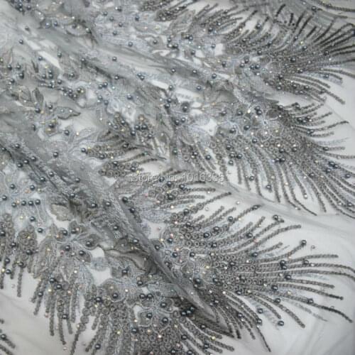 2017 newest grey silver african french lace fabric high quality handmade pearls tulle french lace for sewing accessories
