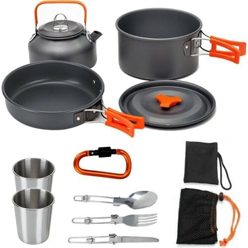Outdoor Hiking Picnic Tableware Equipment Aluminum Travel Folding Saucepan Teapot Kit 2-3 Person Travel Camping Cookware Set