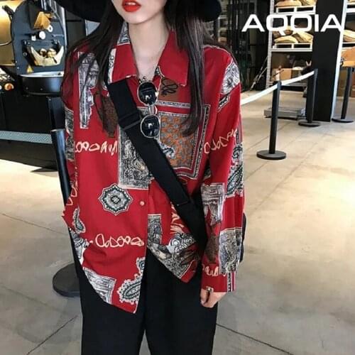 Chic Vintage Style Oversize Womens Shirt print Loose Ladies Blouse Long Sleeve 2021 Summer Ladies Button Female Clothing Tops