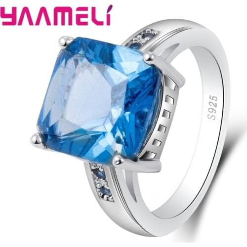 Big Sale Luxury Bridal Sky Blue Cut Square Cubic Engaged Rings 925 Sterling Silver Engagement Rings For Women