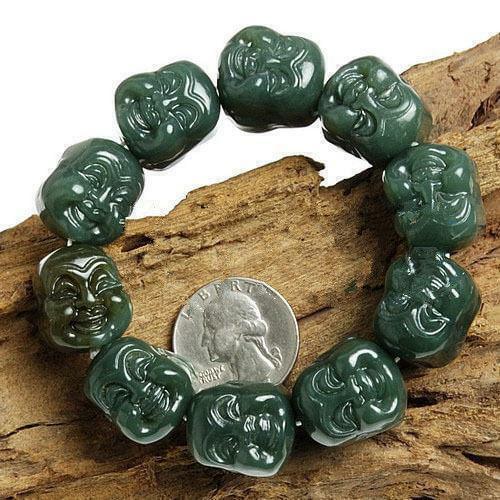 Hand Carved Celadon Jade Nephrite Buddha Beads Bracelet