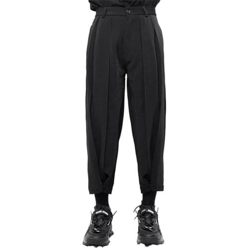 Yamamotos casual pants cropped up small leg pleated pleated pants buckle zipper warrior pants dark black