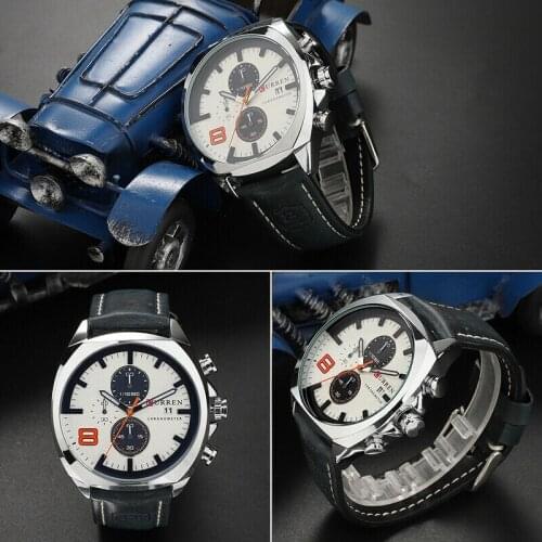 Business Sport Mens Stainless Steel Case Leather Band Quartz Analog Wrist Watch