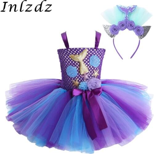Kids Girls Mermaid Carnival Cosplay Costume Outfit Mermaid Tail Mesh Tutu Dress with Hair Hoop Halloween Role Play Game Clothing
