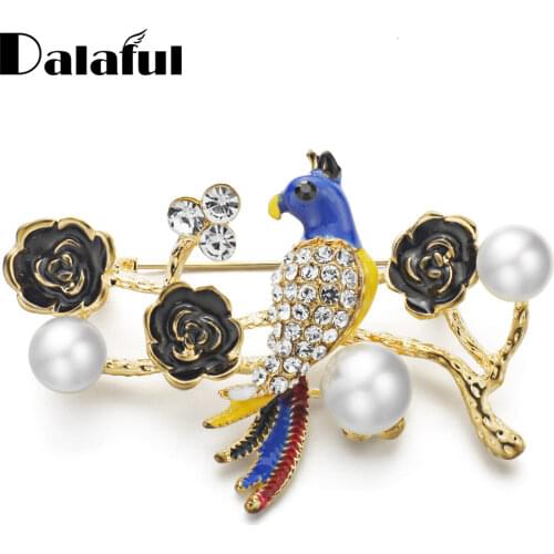 Enamel Flower Rhinestone Crystal Simulate Pearl Brooch Pin Exquisite Parrot Brooches Weddings Banquet Jewelry Gifts Z056 New