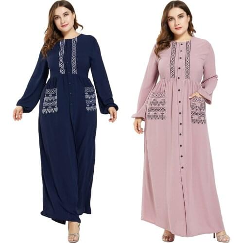 Islamic Muslim Women Abaya Long Sleeve Maxi Dress Buttons Pocket Kaftan Jilbab Plus Size Cocktail Party Abayas Robes Fashion New