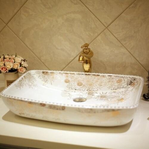 China Artistic Handmade Art wash basin Ceramic Counter Top Wash Basin Bathroom Sinks washing bowl basin rectangular peony