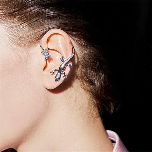Flashbuy 1PC Punk Silver Color Animal Lizard Clip Earrings for Women Copper Alloy Ear Clip Earrings Hip Hop Jewelry No Piercing