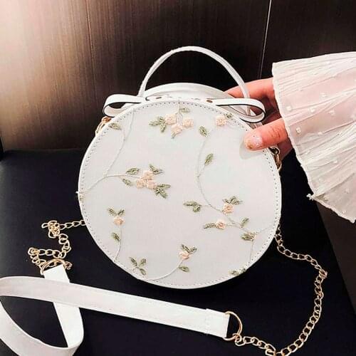 Embroidered Lace Crossbody Bag Women Chain Handbag Retro Leather Tote Female Round Messenger Bags Ladies Phone Purse Sac