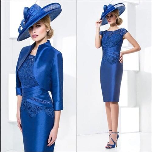 Elegant Royal Blue Mother of The Bride Dresses with Jacket Lace Knee Length Short Mother Gowns Of Groom