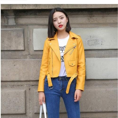 Leather Jacket Women Fashion Bright Colors Black Motorcycle Coat Short Faux Leather Biker Jacket Soft Jacket Female