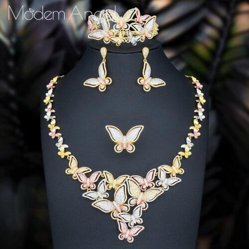 ModemAngel Floral Petals Luxury Betterfly Luxury 4PCS Nigeria Statement Jewelry Sets Cubic Zircon Dubai Bridal jewelry Set