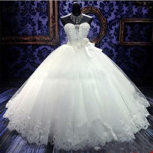 Cheap Wedding Dresses with Ball Gown Luxury Crystals Sweep Train Beaded White Ivory Lace Up Back Bridal