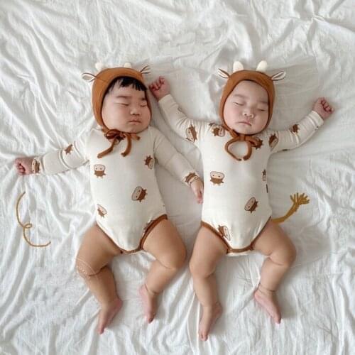 Baby Clothes Baby Romper Cotton Soft 2pcs Cute Cartoon Calf Long Sleeve Baby Pajama Romper+hat Fall Spring Baby Jumpsuit 0-18M