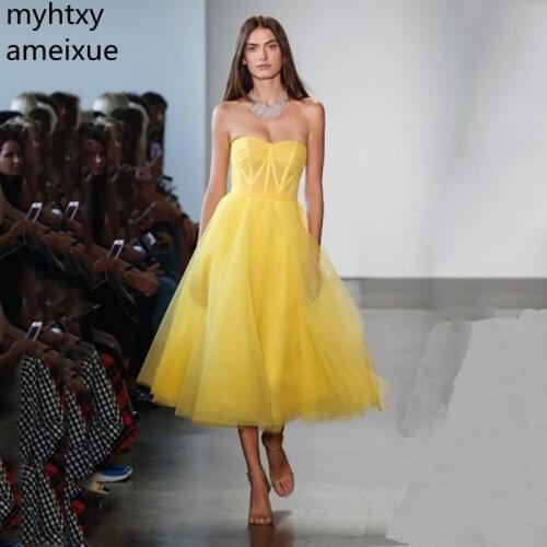 Simple Evening Dress Plus Size Short Formal Dress Party Gown Yellow Organza Tulle Cheap Prom Dress 2020 Party Gown Robe Longue