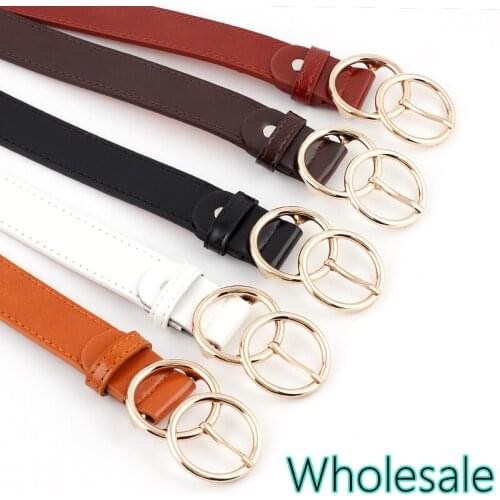 Wholesale Womens Casual Belts Gold Double Round Pin Buckle Belt Female High Quality Stitched Faux Leather Waist Strap For Jeans