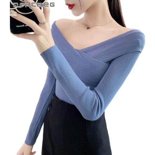 Sexy Off The Shoulder Knitted Sweater Women 2020 Autumn Winter Long Sleeve V-Neck Pullover Bottoming Knitwear Clothing