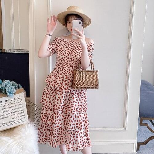 Chiffon Vestidos female summer beach word collar printing high waist slim ruffle fashion wild sweet cake dress D246
