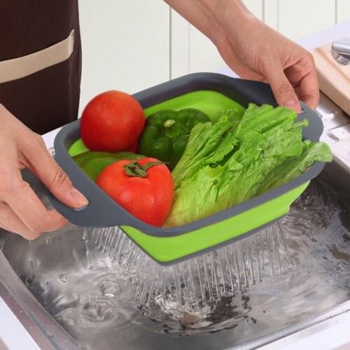Collapsible Washing Drainer with Handle Fruit Vegetable Filter Basket Silicone Foldable Colander Kitchen Storage Tools Container