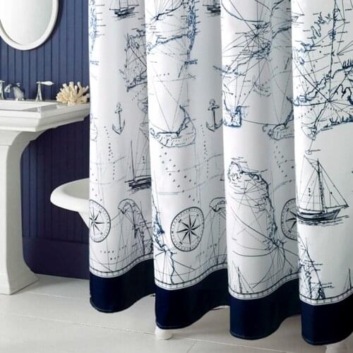 Mediterranean Style Thicken Polyester Bathroom Curtain Mould-Resistant Waterproof Bath Curtain Navigation Printed Shower Curtain