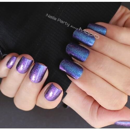 Magic mirror Medium length 24pcs Silver flash Blue Discoloration Purple fasle nails with adhesive tabs full set fake nails
