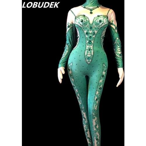 Green Glass Crystals Skinny Jumpsuit Nightclub Women Leading Dancer Costume Party Birthday Celebration Performance Stage Outfits