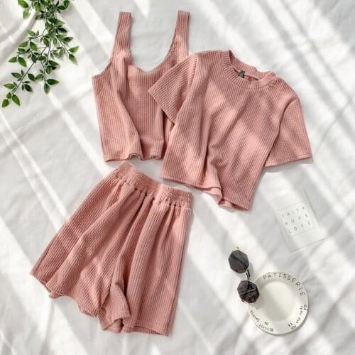 Womens Pajamas O-Neck T-Shirt And Shorts And Camis Homewear Three Piece Sets Female High Waist Shorts Outfits Sleepwear Summer