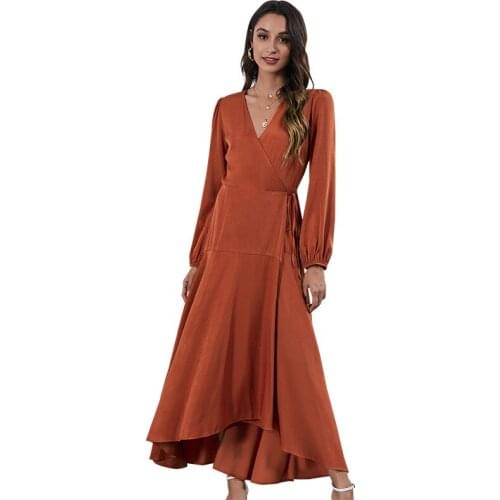 New V-neck High Waist Irregular Long Dress Women Office Dress