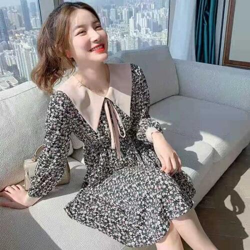 French Style Doll Collar Floral Dress for Women 2021 Women Dress Design Sense Niche Temperament Chiffon Dress Long Sleeve Dress