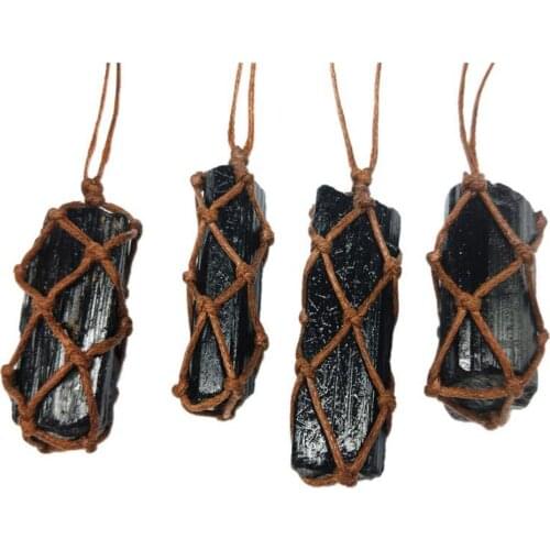 1 Pcs Natural Black Tourmaline Stone Necklace Retro Raw Gemstone Pendant Crystal Hand-Woven Craft Jet Stone Radiation Protection