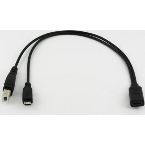 1x USB 3.1 Type C Female to Micro Male and USB 2.0 B Male Plug Data Charging Y Splitter Connector Cable 30cm/1ft