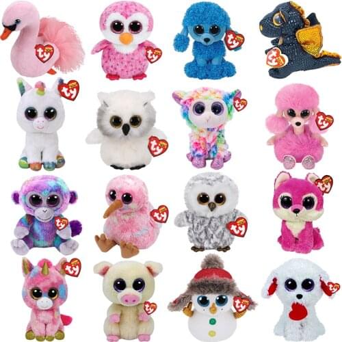 15CM Ty Ins Style Big Eyes Plush Toy Poodle Dog Tiger Leopard Giraffe Owl Dinosaur Unicorn Birthday Doll Gift for Boys and Girls
